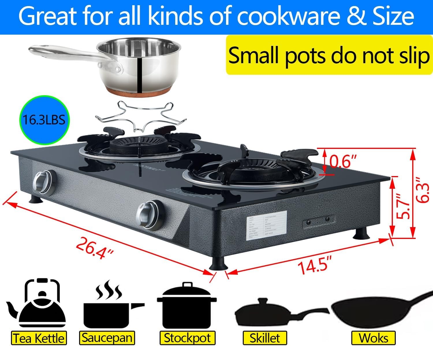 Propane Stove 2 Burner Gas Stove Auto Ignition 26000 BTU Tempered Glass Propane