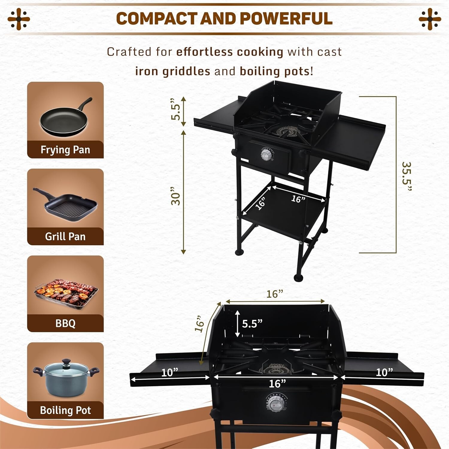 Single Burner Propane Stove – with Dual Side & Bottom Shelf and Wind Panel