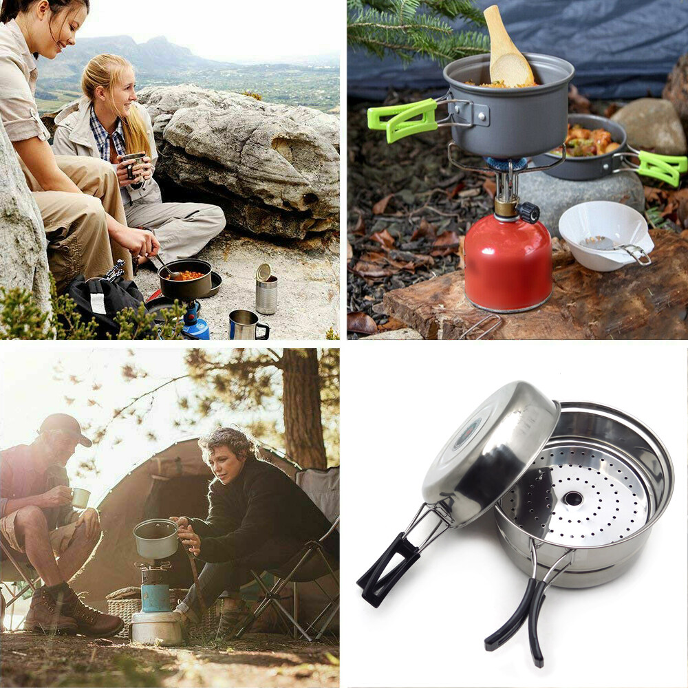 3PCS Outdoor Camping Cookware Stainless Steel Cooking Picnic Bowl Pot Pan Set