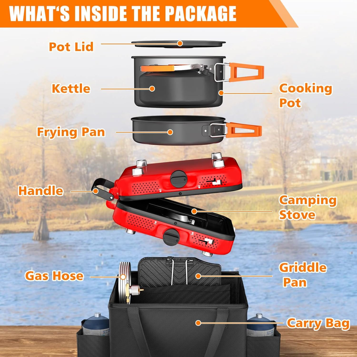 Camping Stove,2 Burner Propane Stove,20000 Btu/H Camping Cooking Set Includes Fr