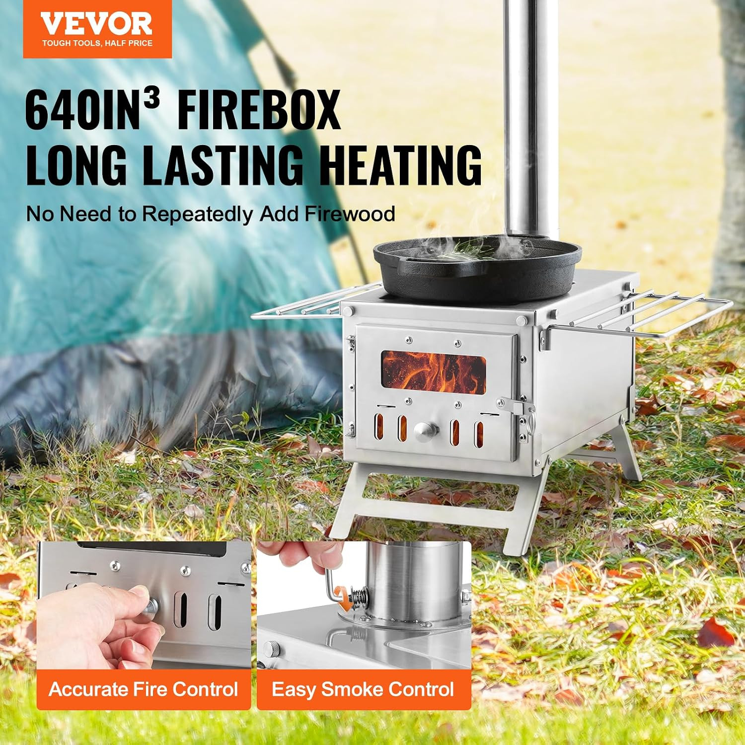 Camping Wood Stove Stainless Steel Camping Tent Stove, Portable Wood Burning Sto