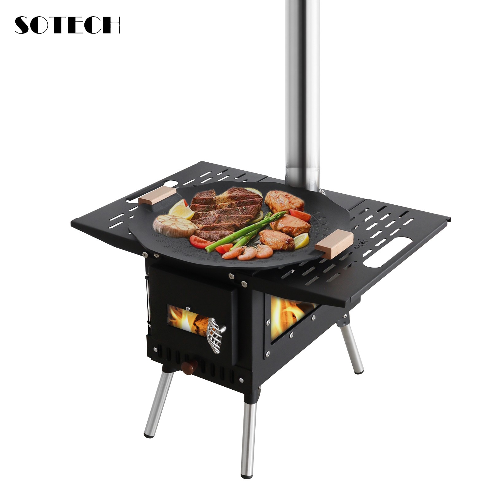 SOTECH Black Wood Stove Portable Camp Fire Heater Grill Camping Hiking Outdoor
