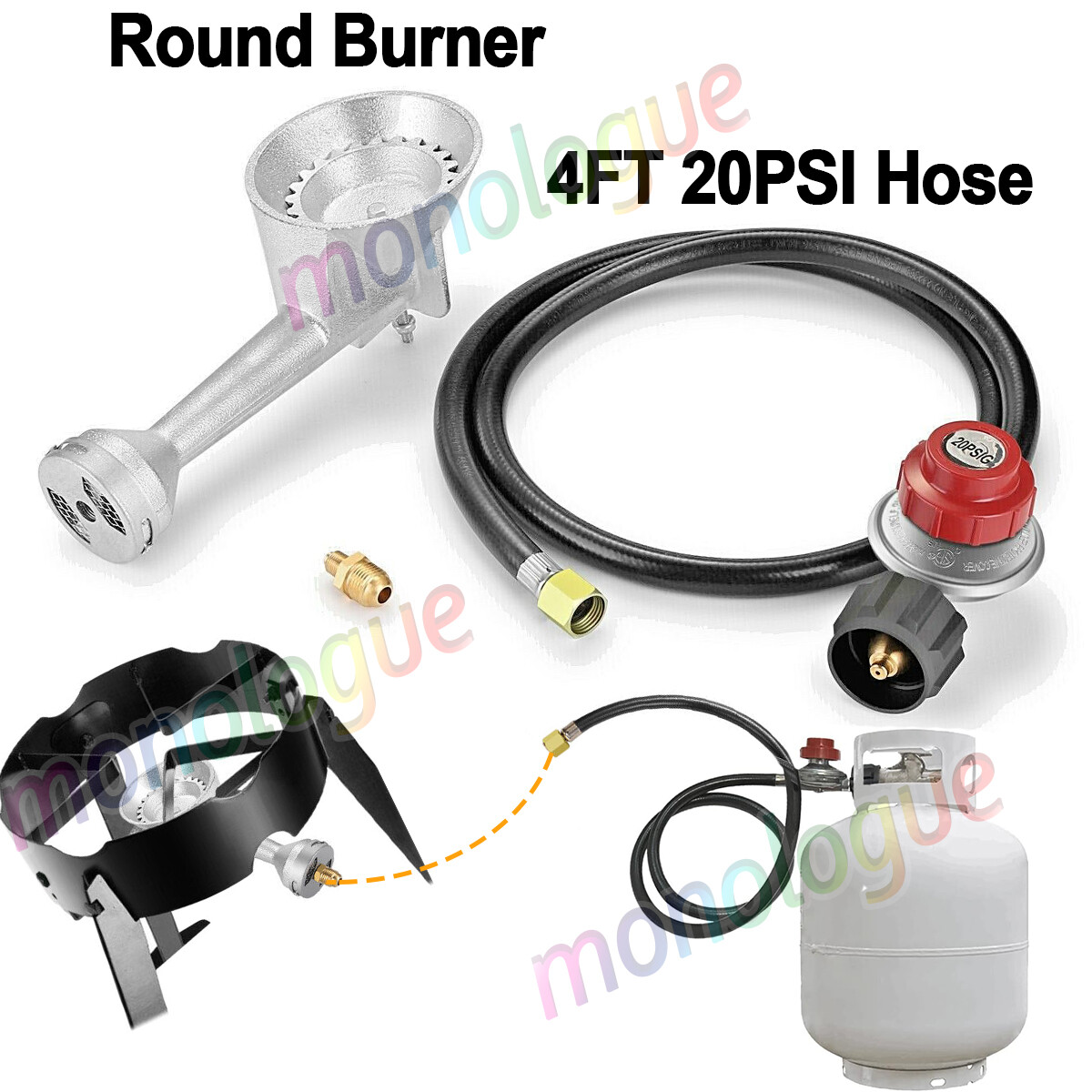 High-Pressure Round Burner Head with 4FT Propane Regulator with Hose and Fitting