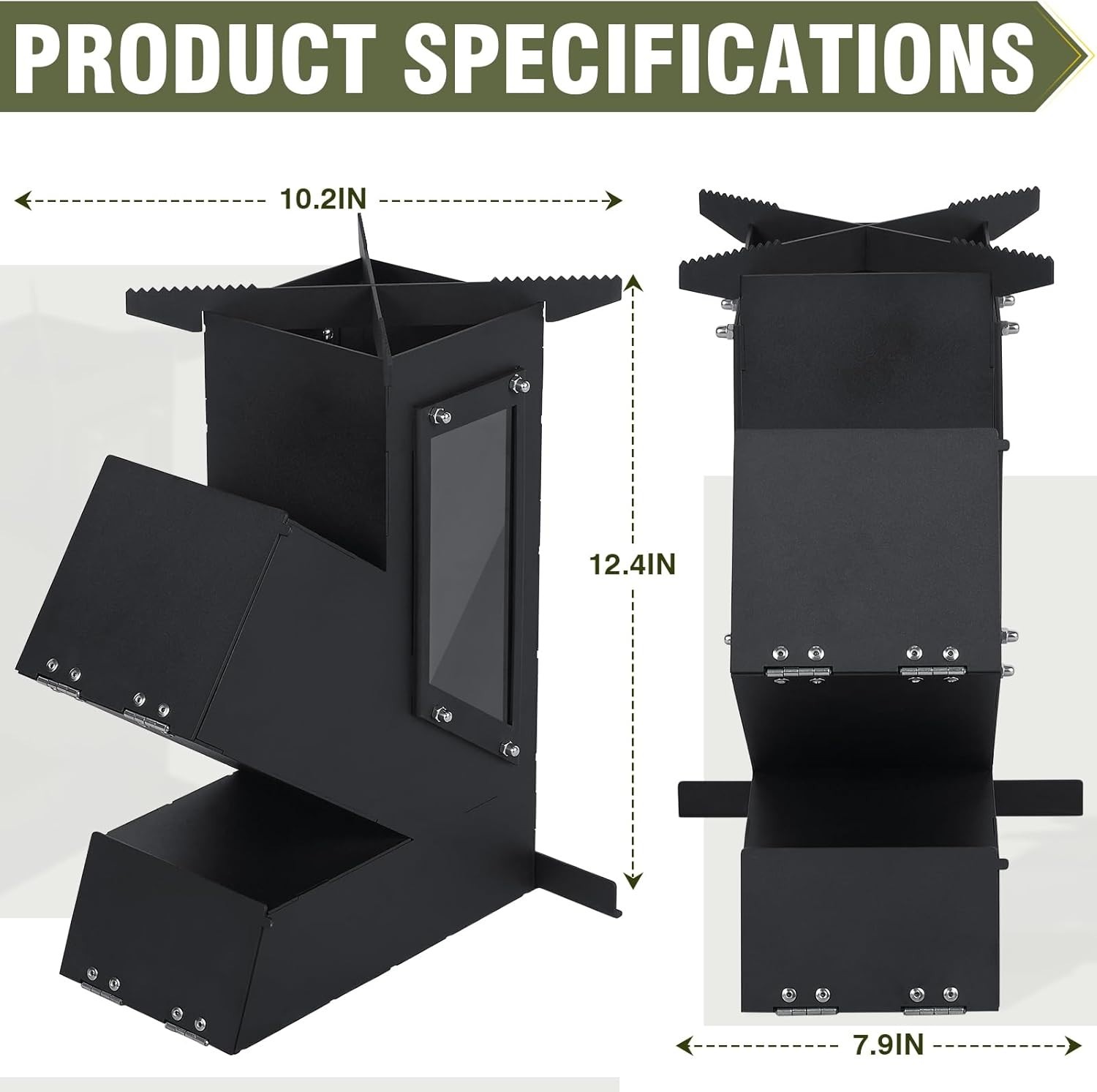 Rocket Stove Portable Wood Burning w/ Glass Window Camping Grill for Outdoor