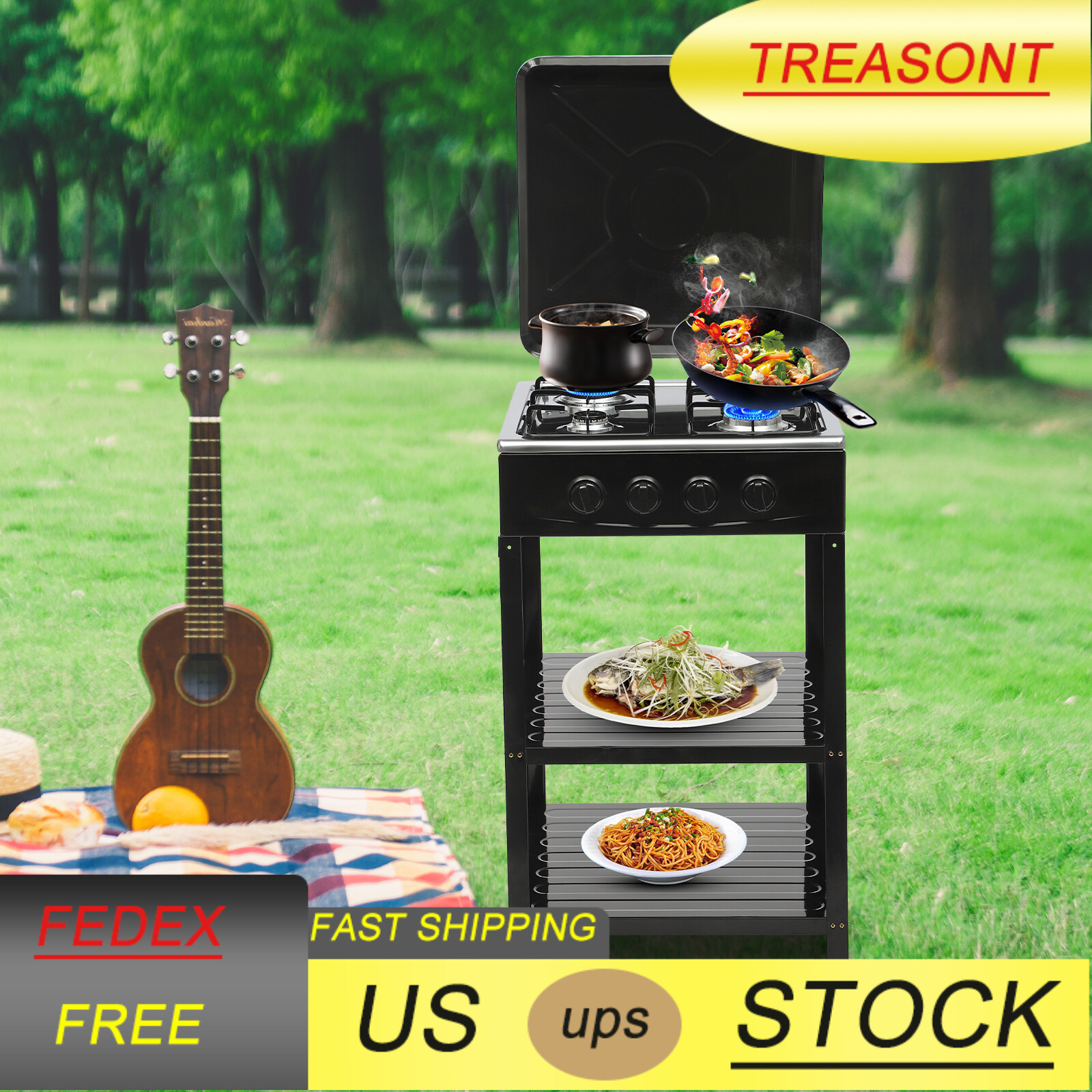 Outdoor 300000 BTU Stove Propane 4 Burner Portable Cooker BBQ Grill Windshelter