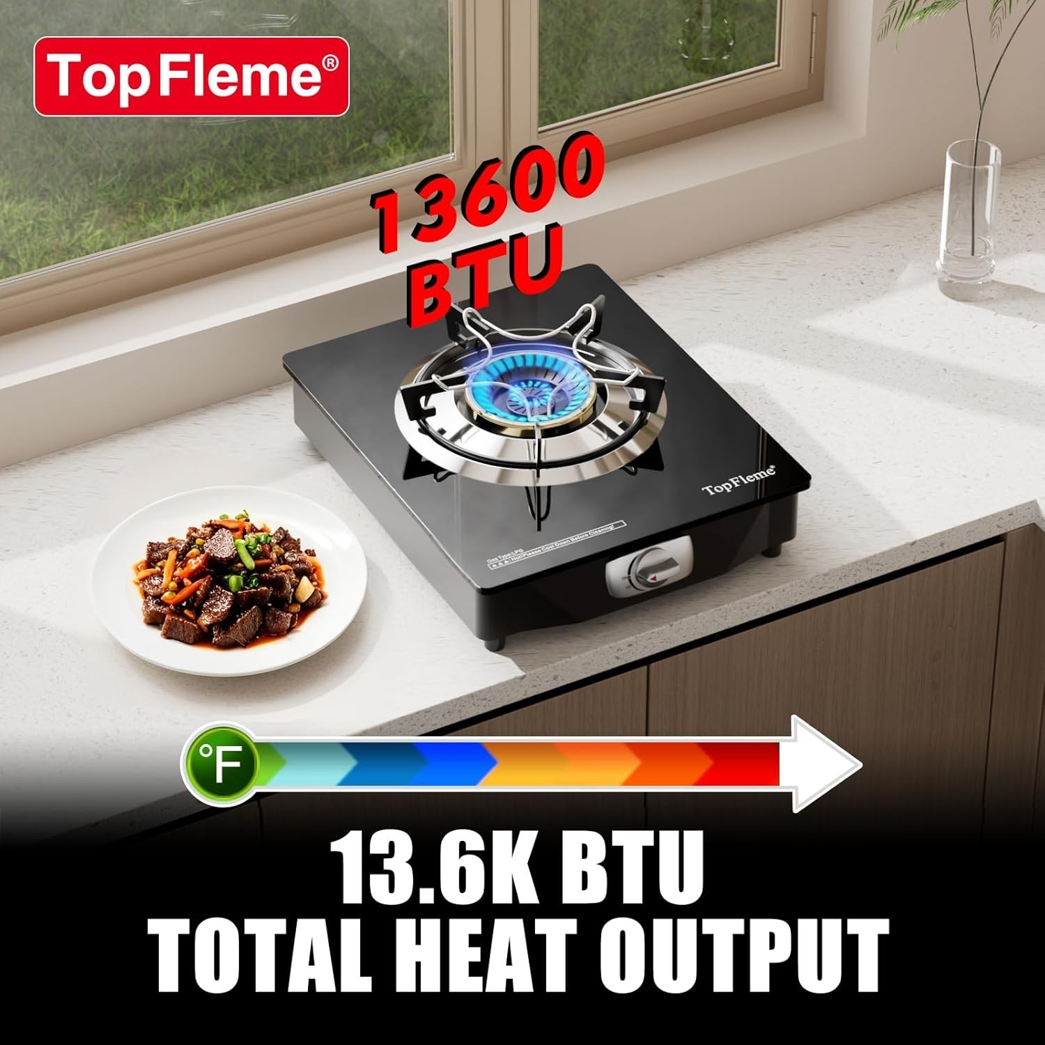 1 Burner Propane Stove 13,600 BTU High-Efficiency Tempered Glass Auto-Ignition G