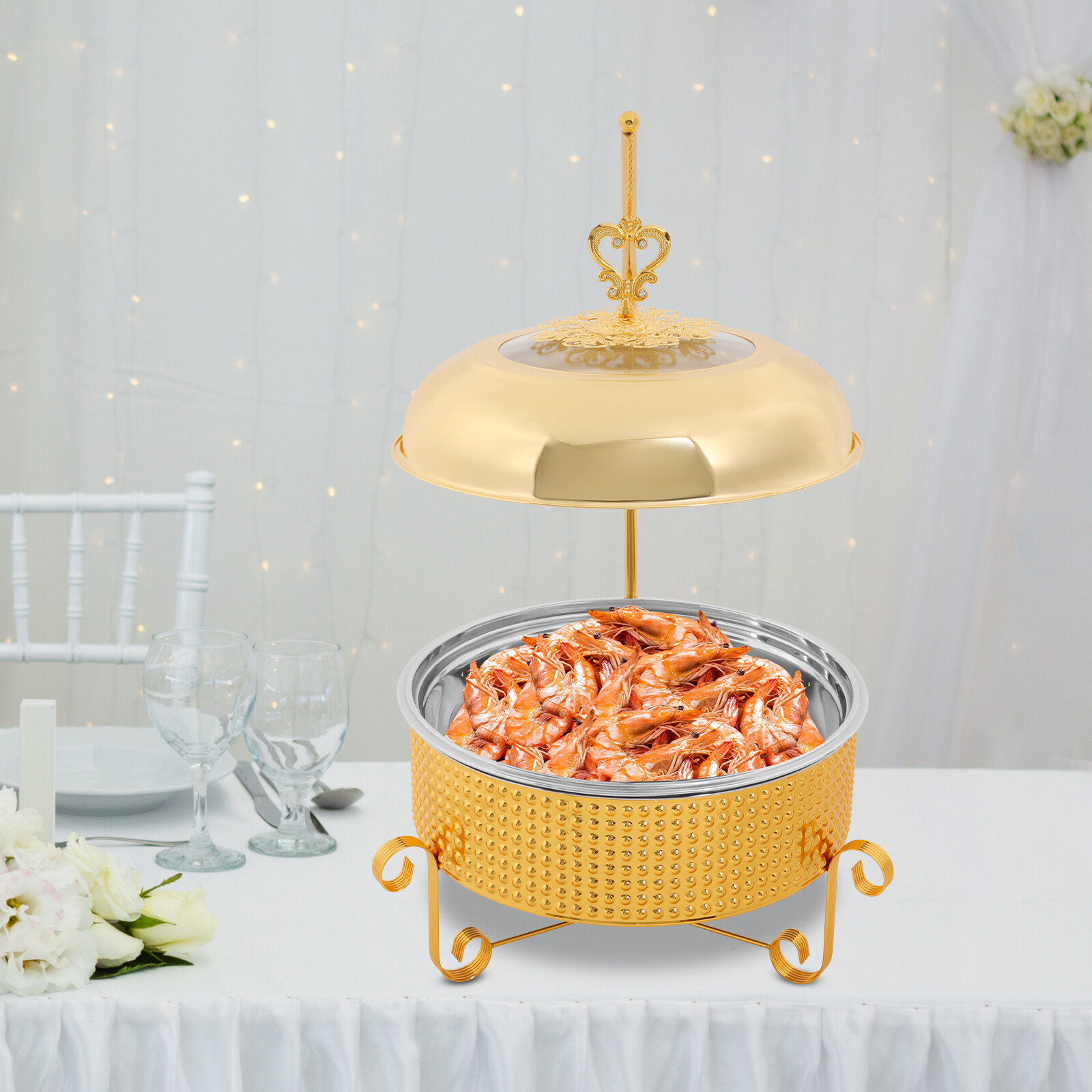 Round Gold Stainless Steel Chafing Dish Set 10.57QT Buffet Food Warmer