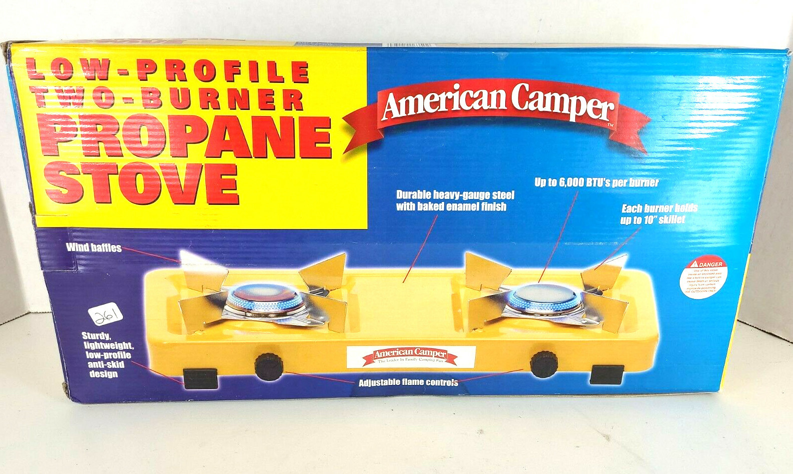 Vtg American Camper Low Profile Two Burner Propane Stove 1080B Yellow + BONUS!!
