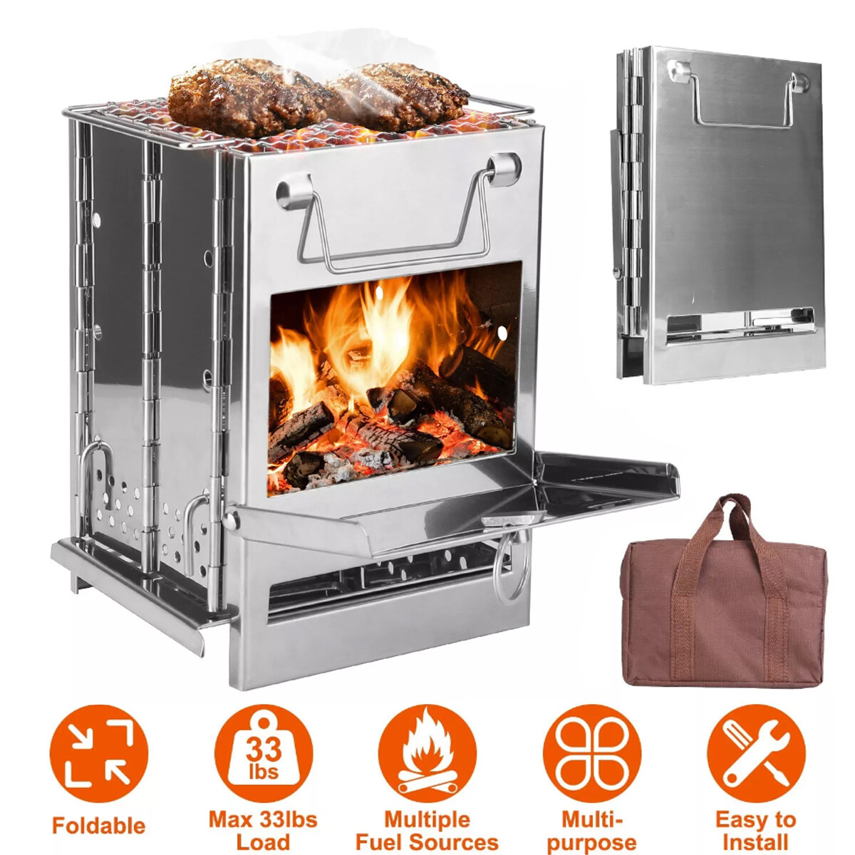 Portable Folding Stainless Steel Stove Outdoor Camping BBQ Wood Burning Stove