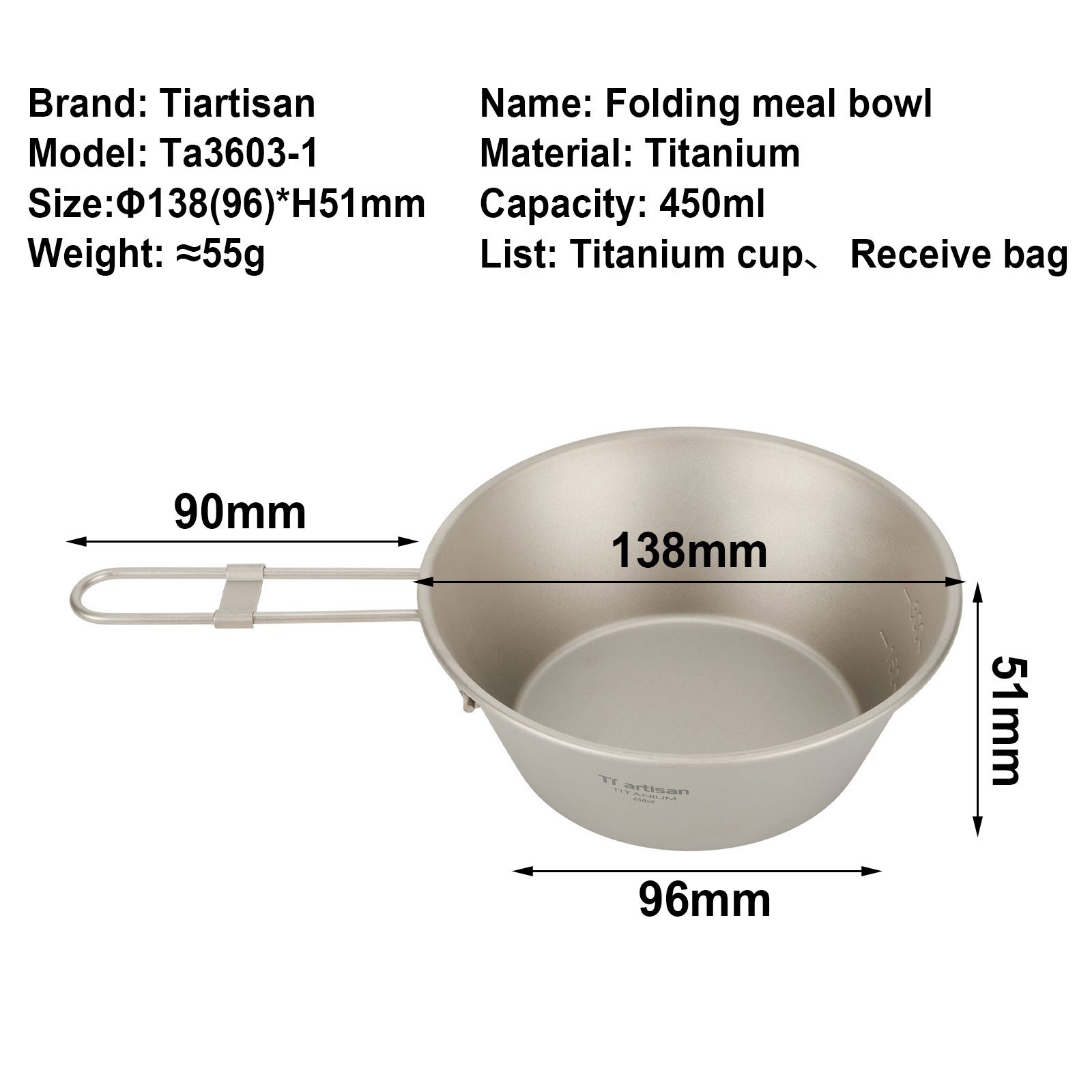Camping Bowls Pot Bowl Mesh Bag Titanium Ultralight 90mm 138 * 96 * 51mm