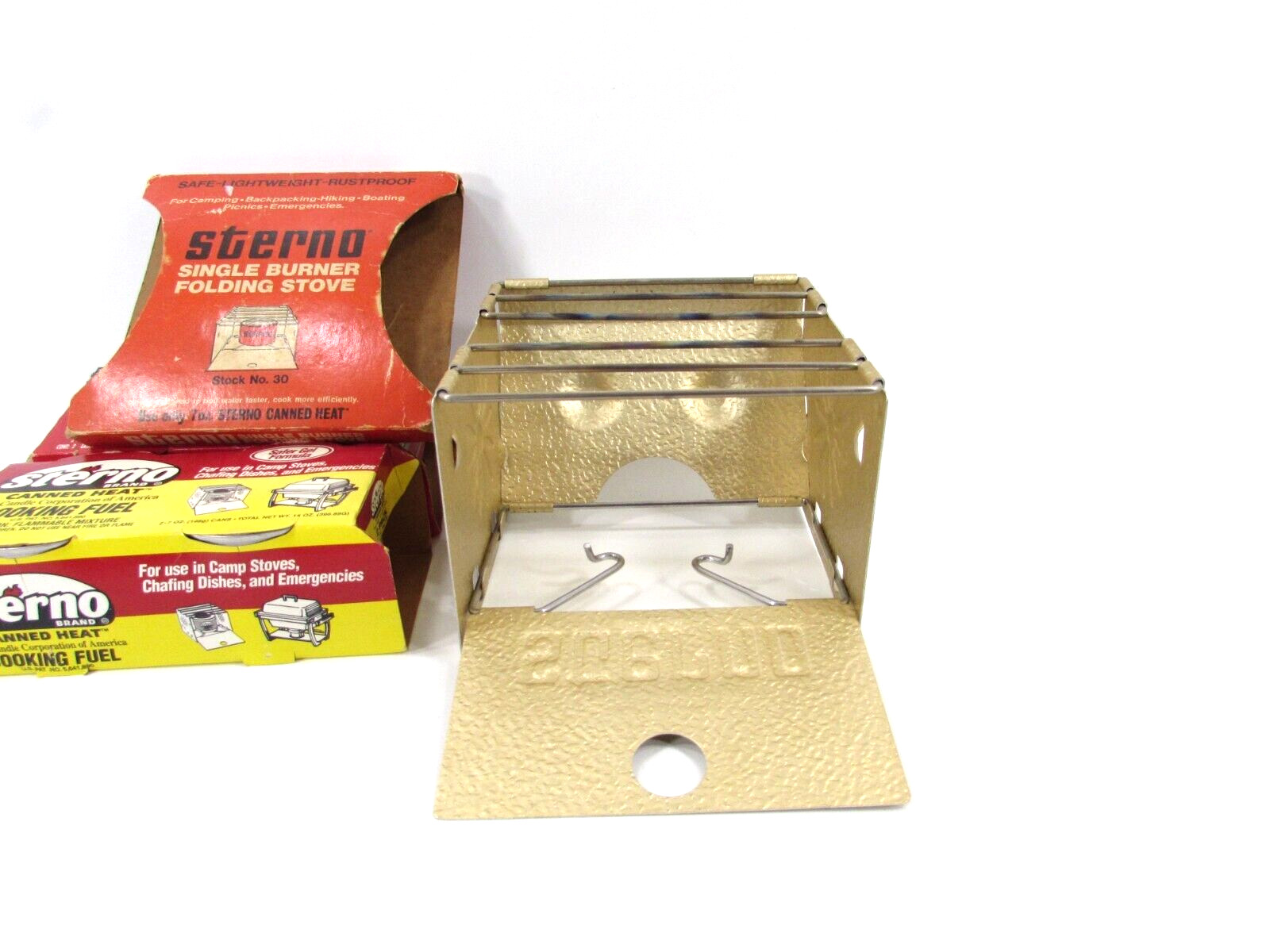 VTG. STERNO Folding Camp Stove Vintage Single Burner + 4 Cans 7 oz. Sterno Fuel
