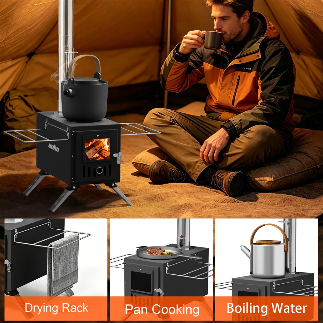 Portable Wood Burning Stove w Pipes Hot Tent Stove for Outdoor Camping & Heating