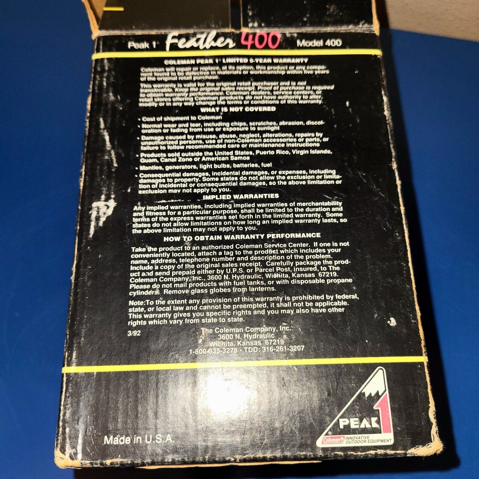 Coleman PEAK 1 Feather 400B Single Burner Camp stove. New Pump Cup, TESTED.8/90