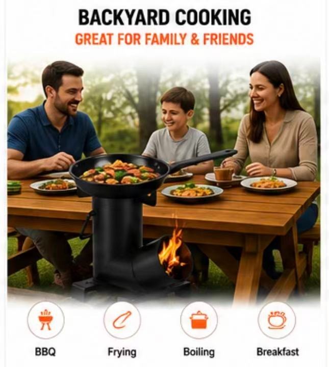 Portable Camping Rocket Stove Wood Burning Cooker w/ Frying Pan & 2 Spatulas Sur
