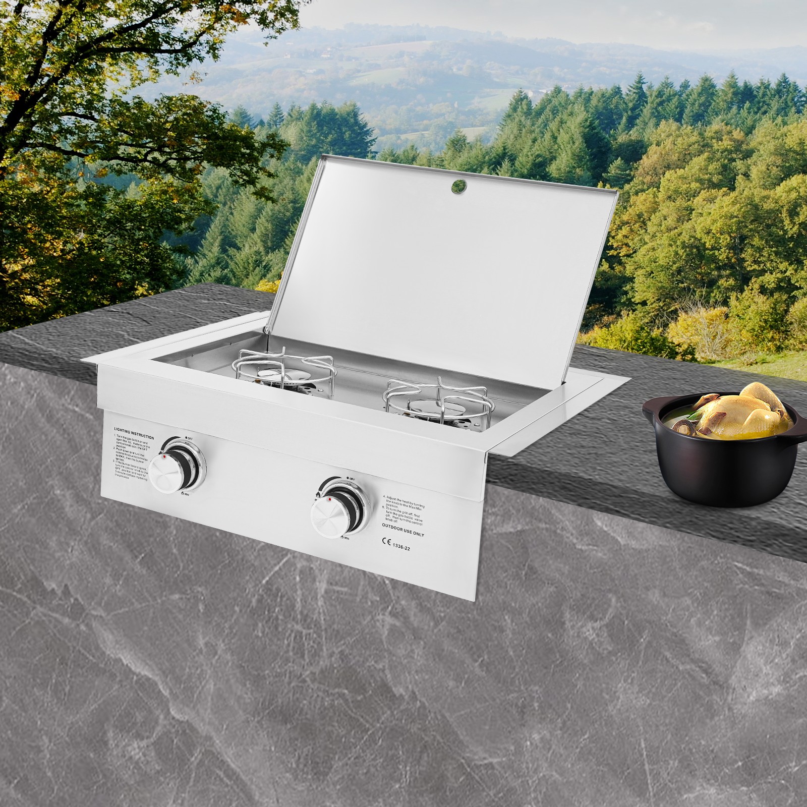Double-Burner Stainless Steel Gas Stove w/ Cover Plate For Outdoor Cooking Stove