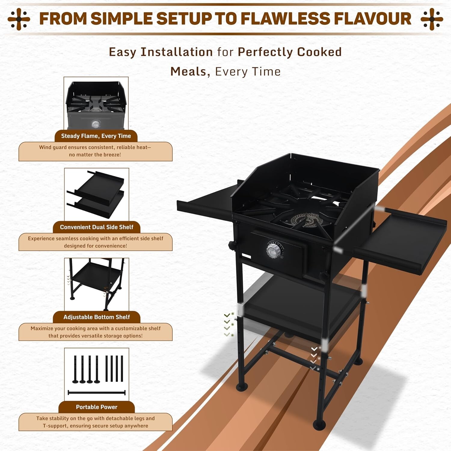 Single Burner Propane Stove – with Dual Side & Bottom Shelf and Wind Panel