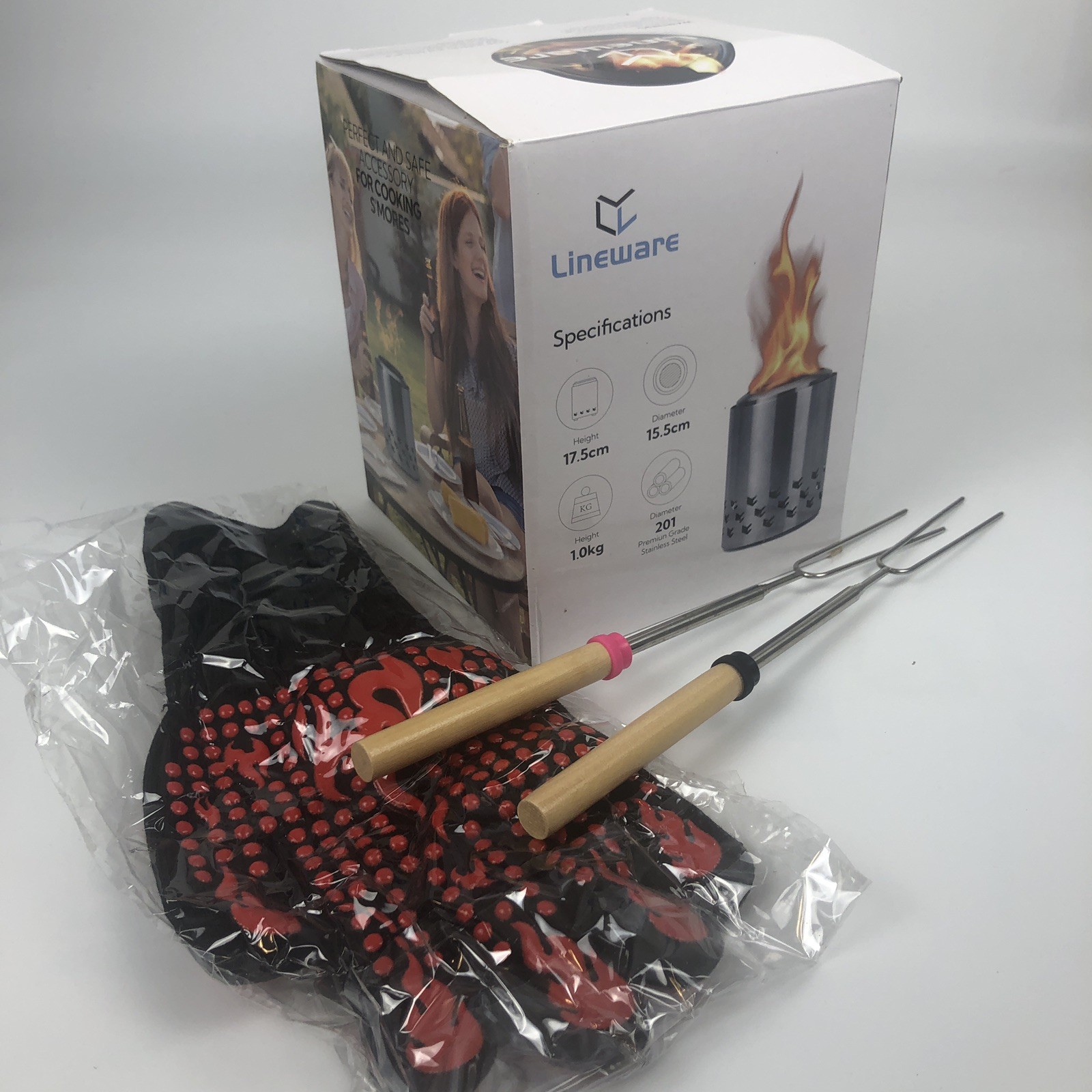 Table-Top Fire Pit Wood-Burning Camp Stove Telescoping Skewers Mitt S’mores READ