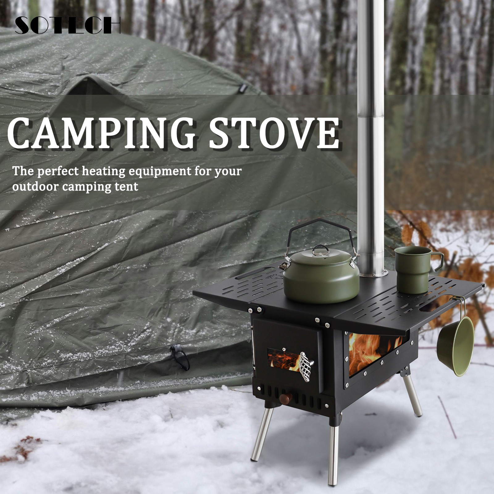 SOTECH Black Wood Stove Portable Camp Fire Heater Grill Camping Hiking Outdoor