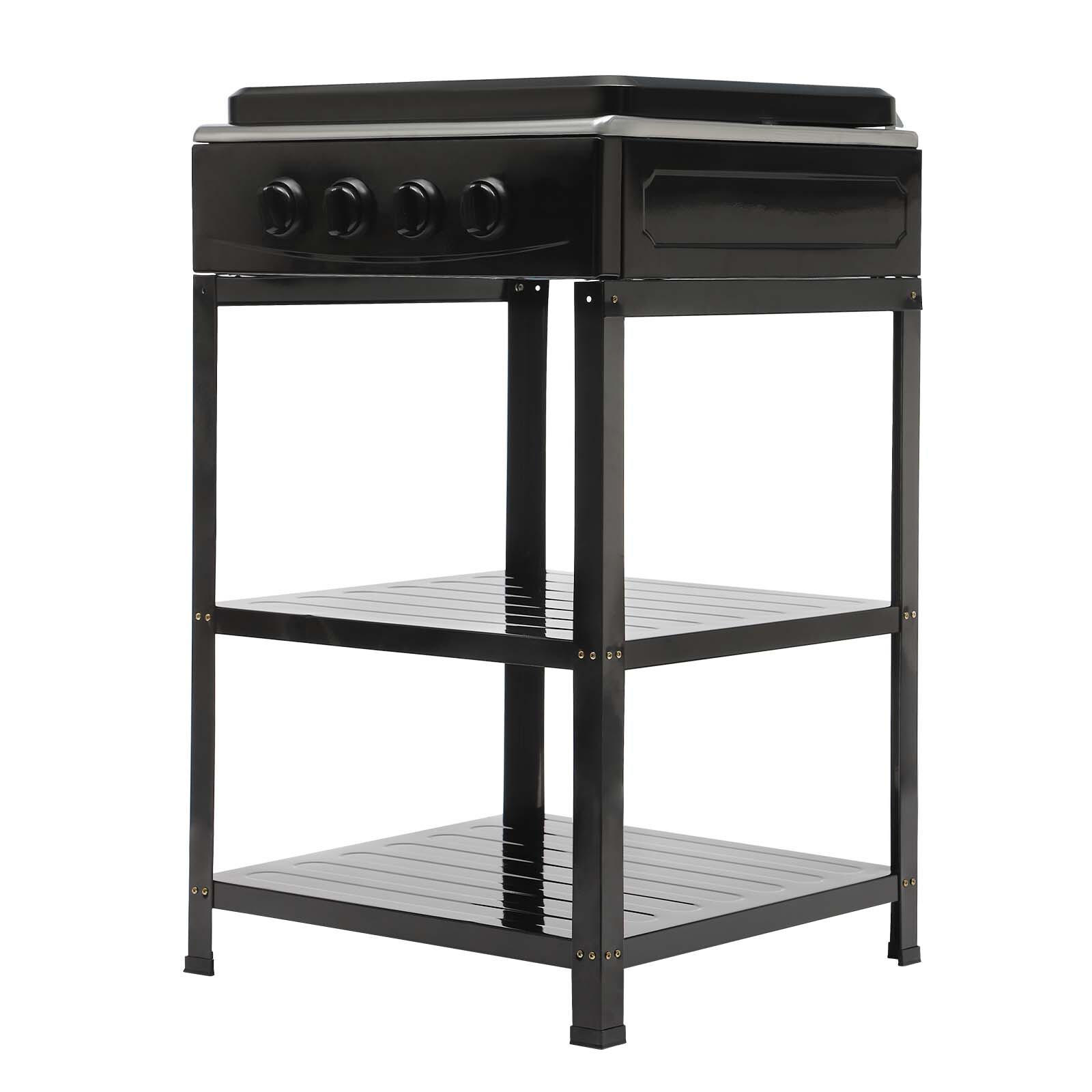 Outdoor Gas 4 Burner Stove Cooker w/Iron Stand 2-Tier Storage w/Windshelter Lid