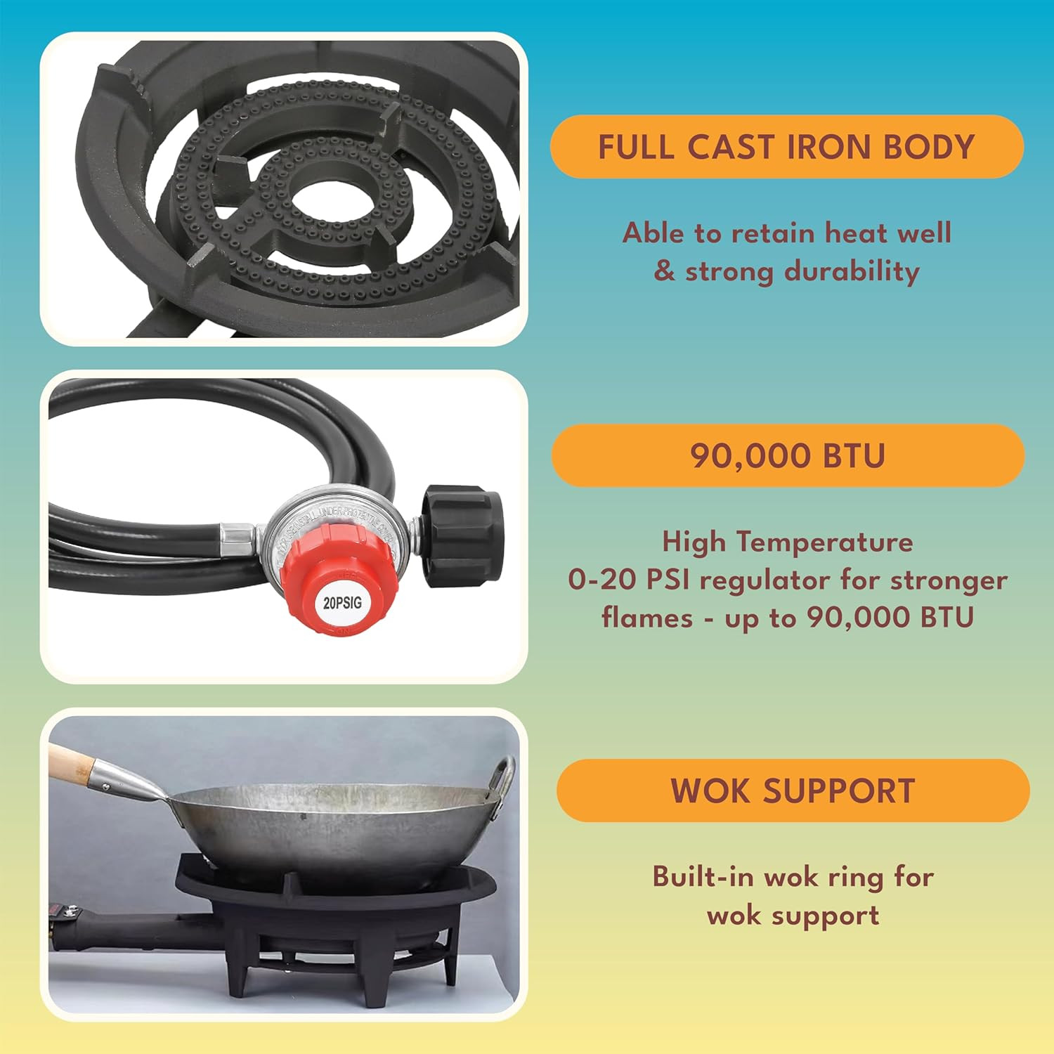 CONCORD Roadster Burner. 13″ Cast Iron Single Propane Wok Burner. Dual Controlle