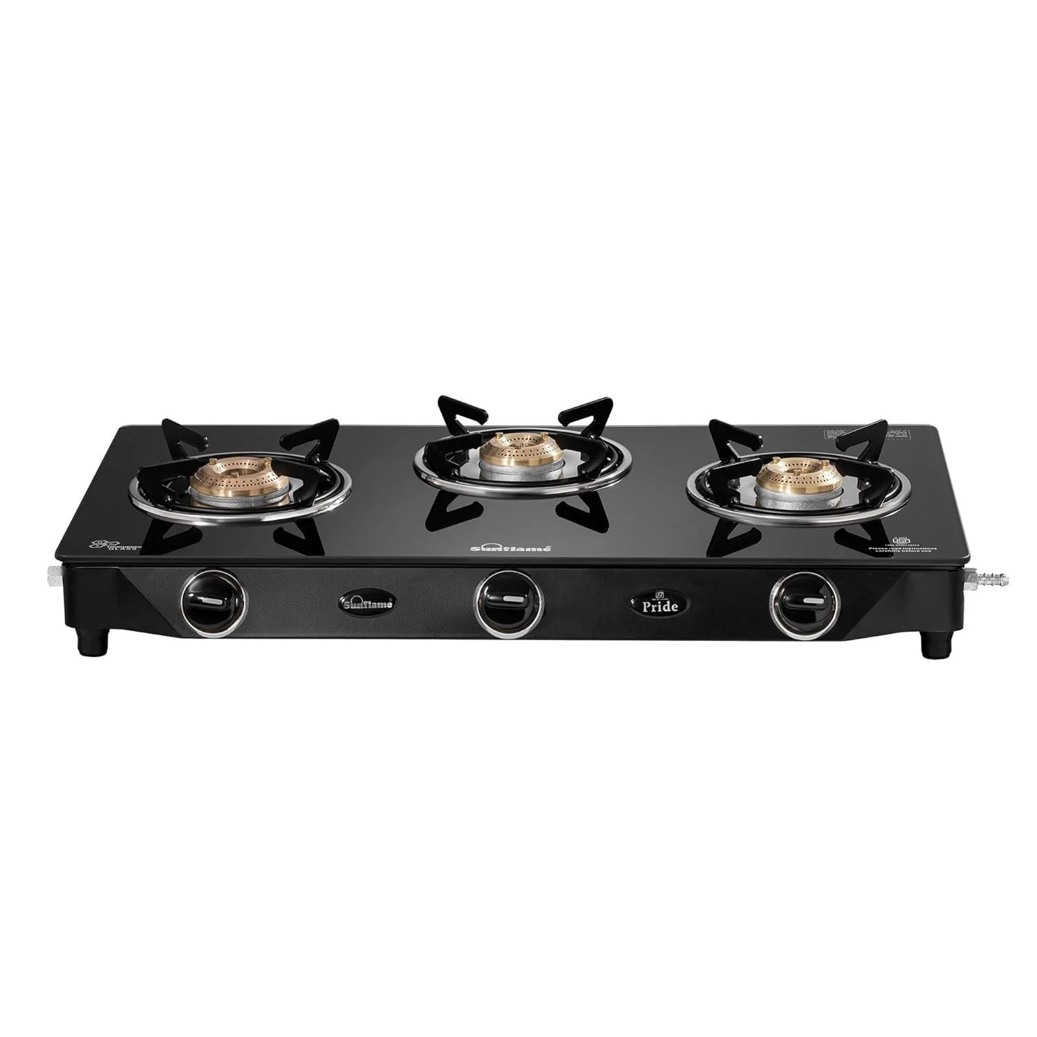 Sunflame Pride 3 Burner Gas Stove Glass Top 68.5 cm Wide, Brass Burners Black