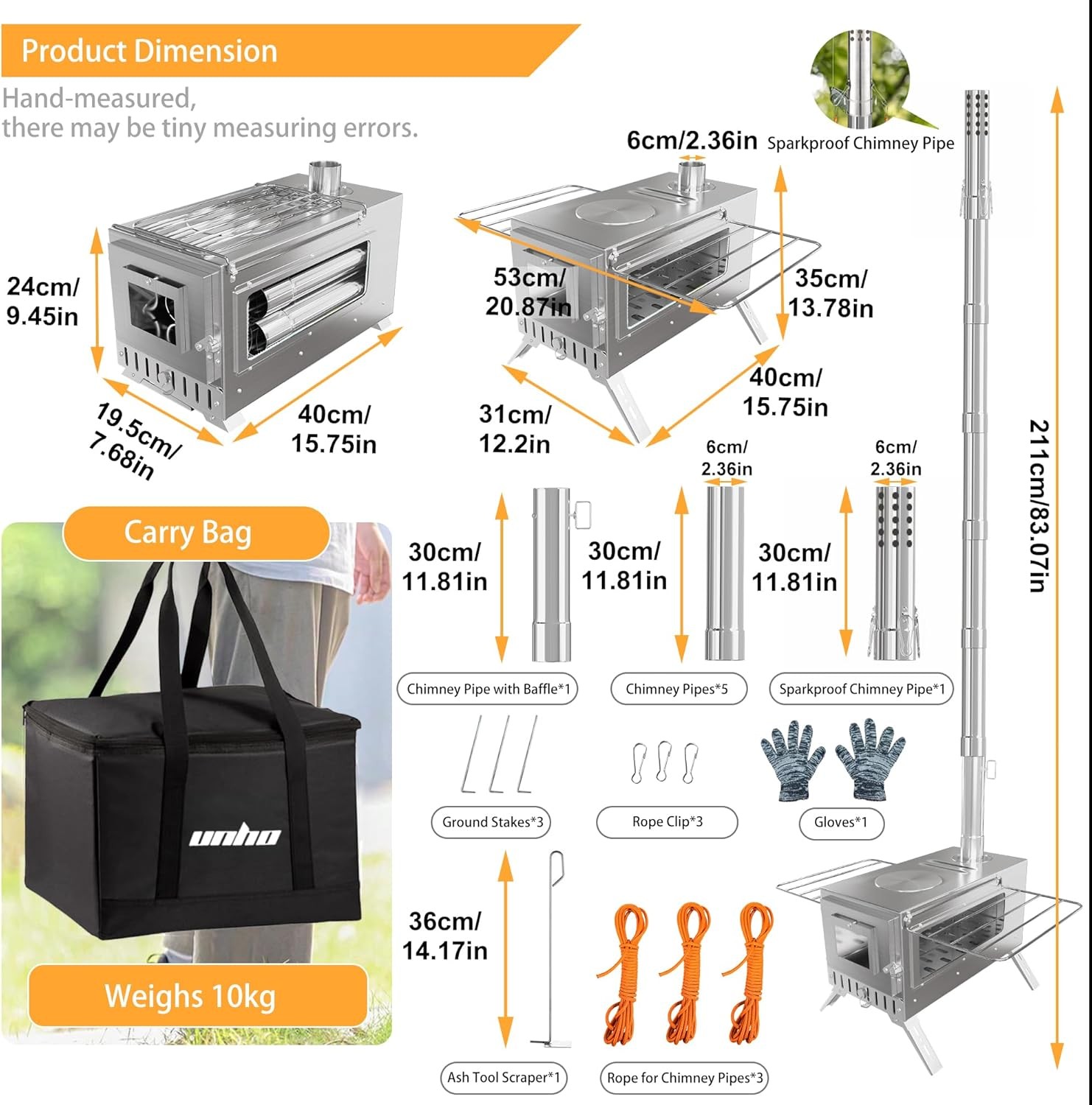 Portable Wood Burning Stove with 6 Stainless Chimney Pipes for Outdoor Hot Tent