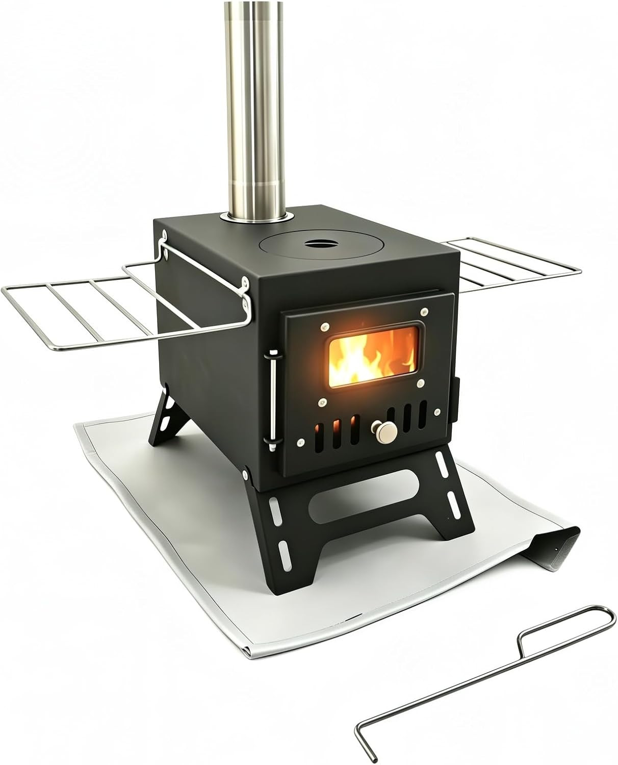 Compact Portable Wood Burning Tent Stove with Chimney and Viewing Window