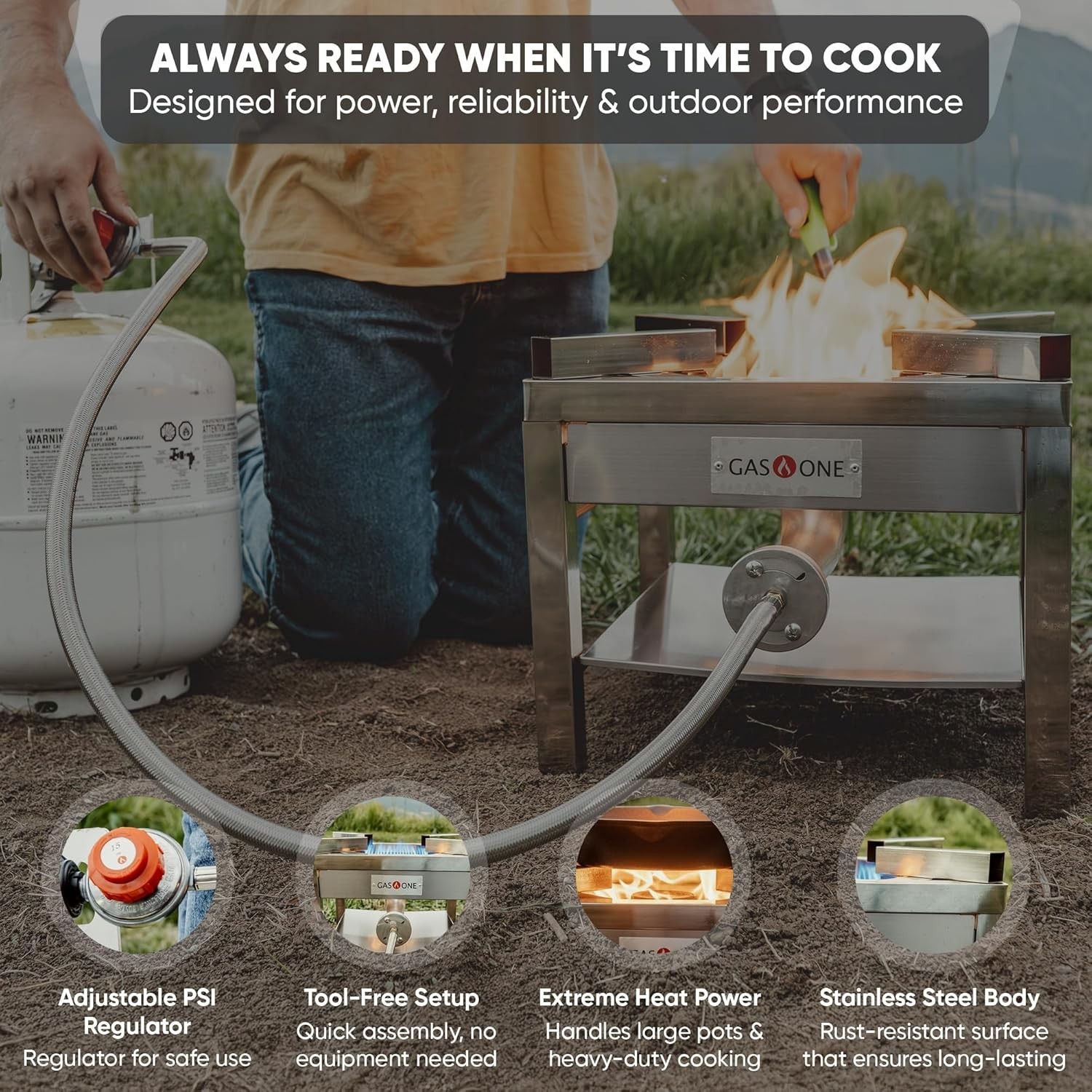 High Output Propane Burner with Adjustable Regulator for Turkey Frying Outdoors