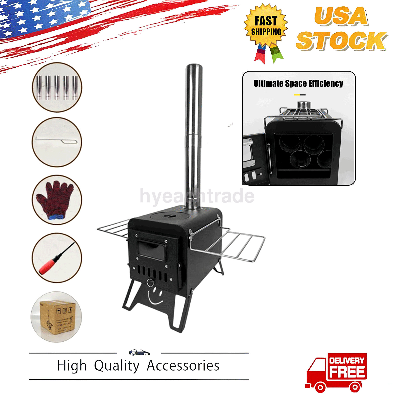 Stove Camping for Tent Portable Stainless Steel Stove with 7 Chimney Pipes