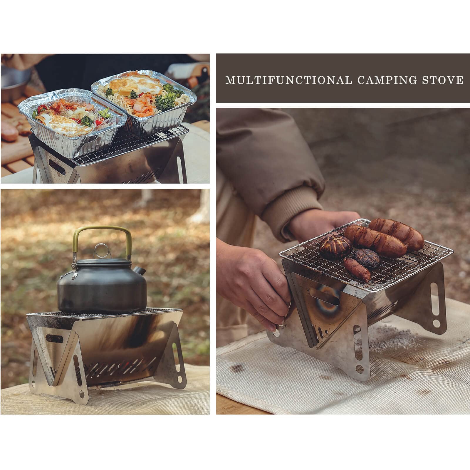 Portable Backpacking Stove Grill Grid Folding Stainless Steel Charcoal BBQ