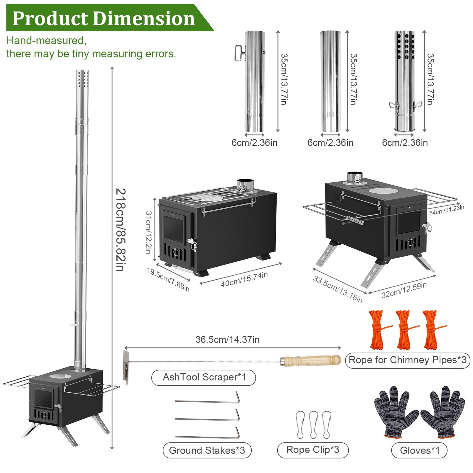 Portable Wood Burning Stove with 6 Chimney Pipes Heavy Duty Hot Tent Heater USA
