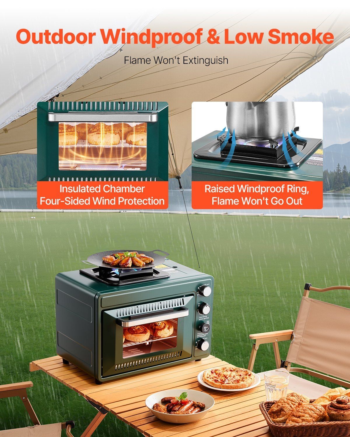 Gas Powered 2-in-1 Portable Oven 19.29×14.17×14.96in High Heat Output Camping