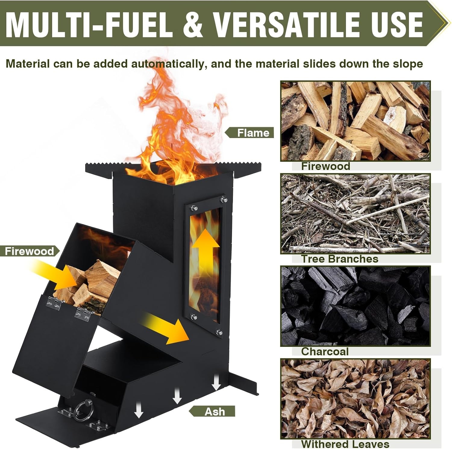 Rocket Stove Portable Wood Burning w/ Glass Window Camping Grill for Outdoor