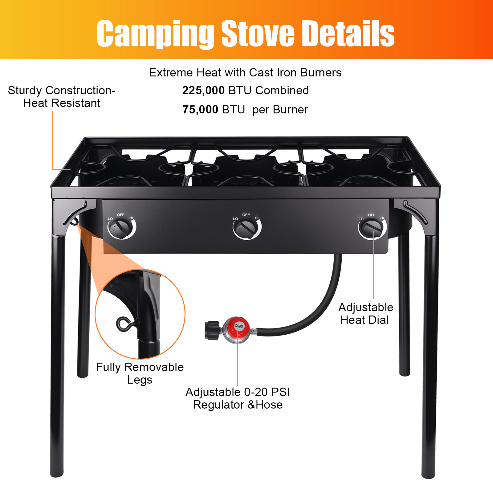 Portable Propane 225,000-BTU 3 Burner Gas Cooker Outdoor Camping Stove Grill