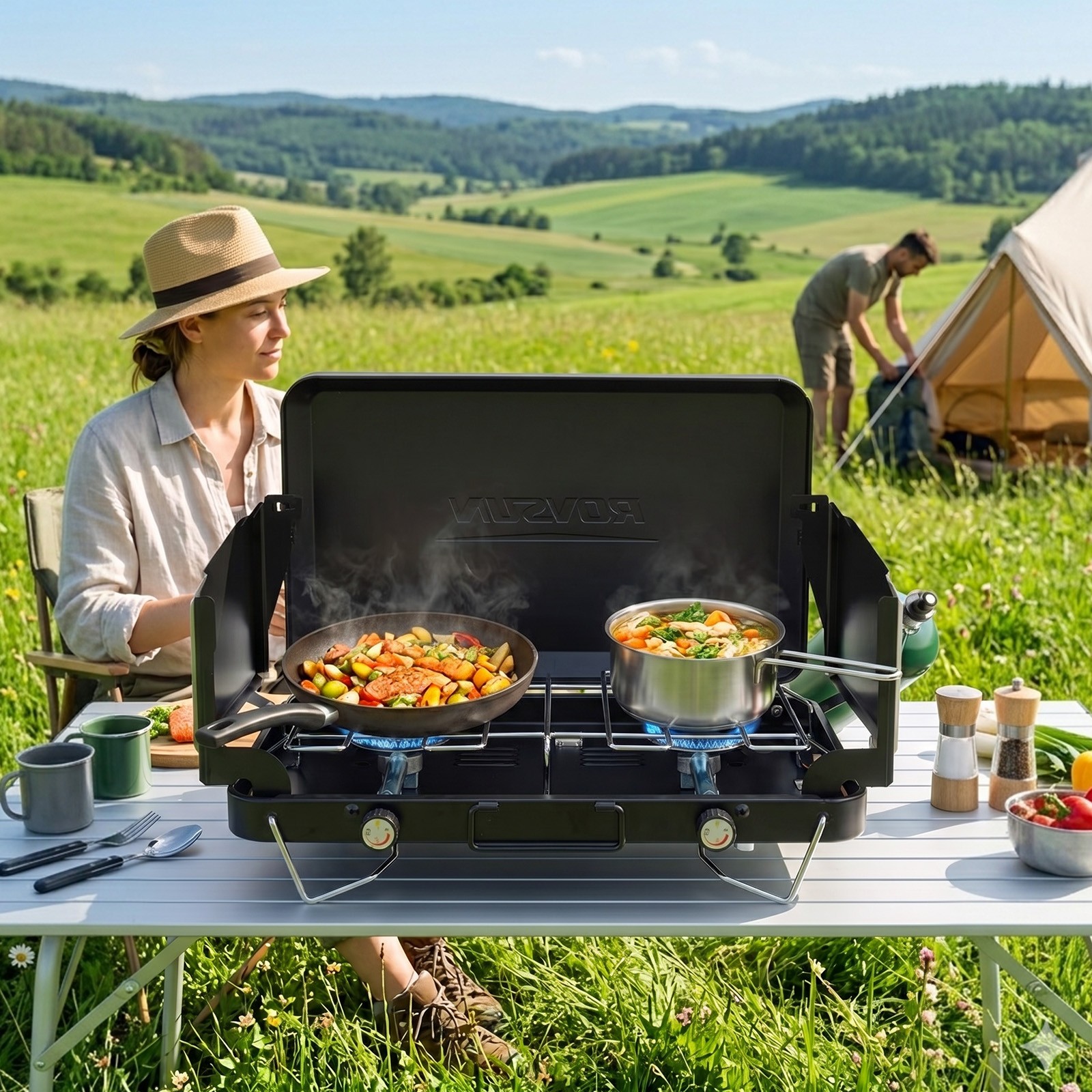 2/3 Burner Portable Camping Stove w/ Handle, Foldable Wind Panel for Camp Grill