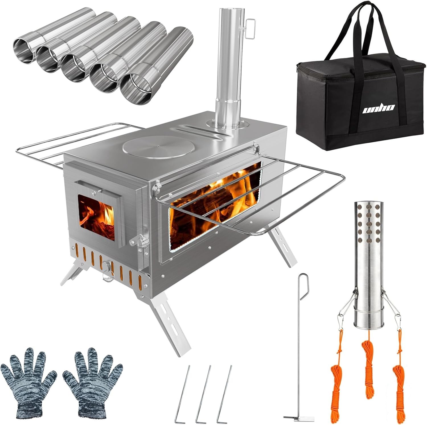 Portable Wood Burning Stove with 6 Stainless Chimney Pipes for Outdoor Hot Tent