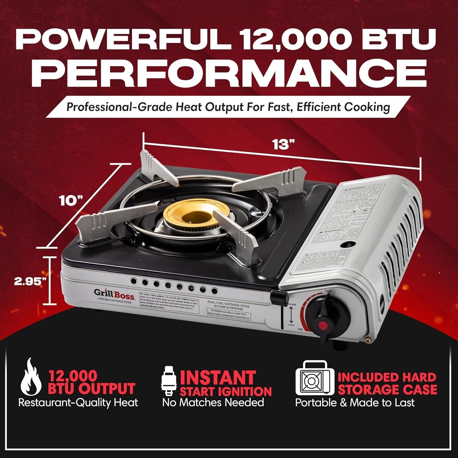 Grill Boss Dual Fuel Camp Stove – 12,000 BTU Butane & Propane Portable Stoves fo
