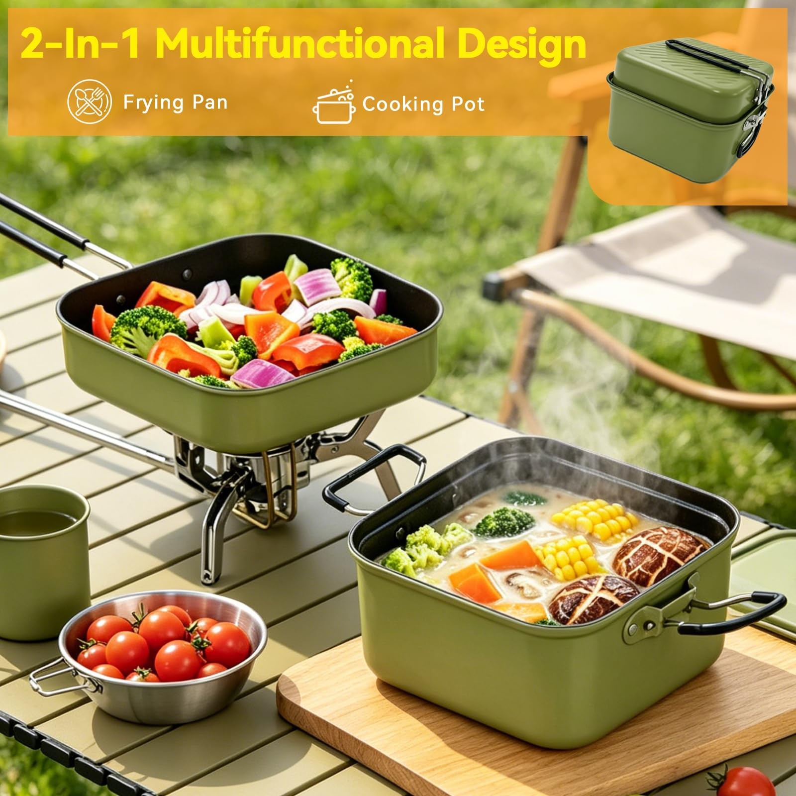 2 Burner Camping Stove with 2-In-1 Cookware Set, 24000 BTU Propane Gas Stove,…