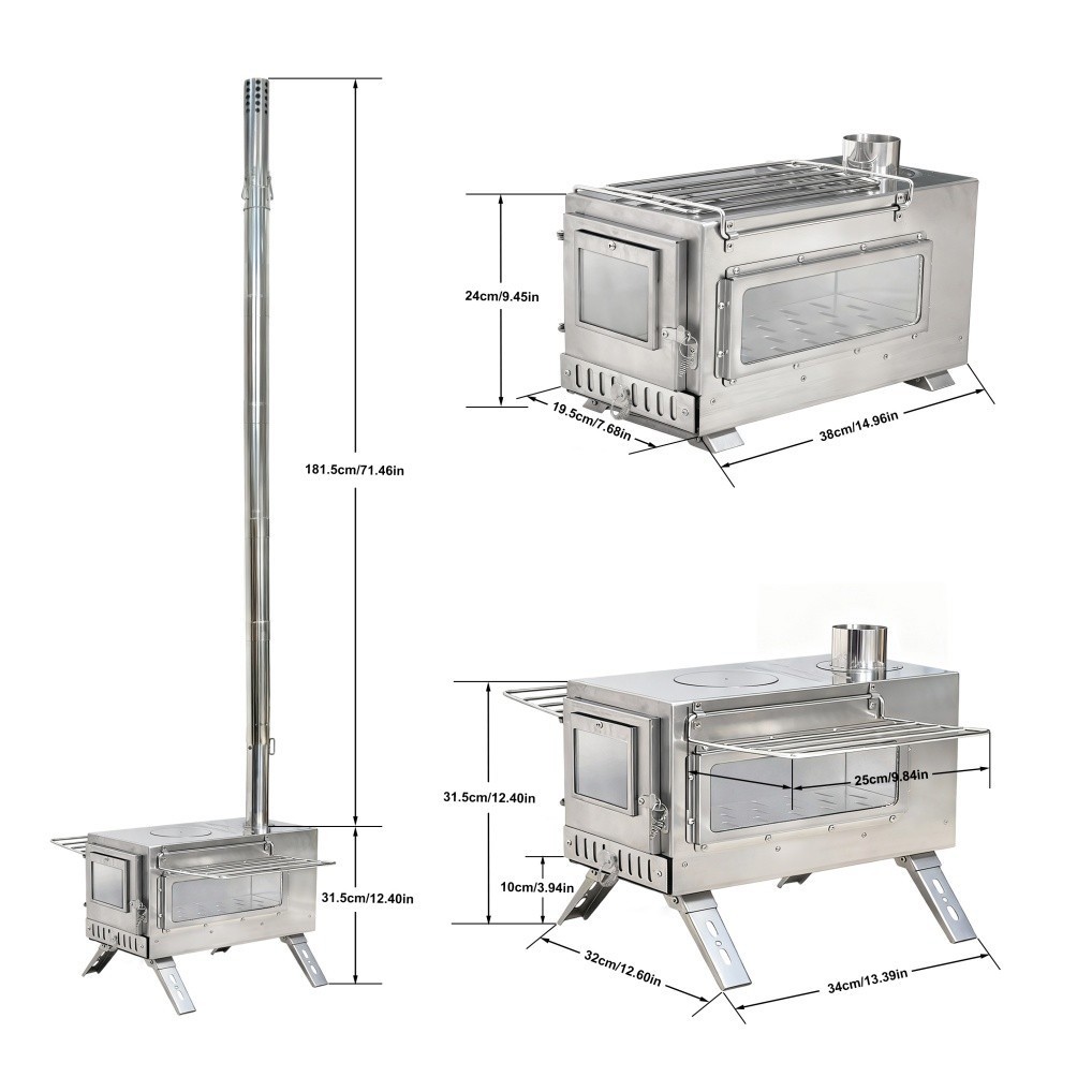 Portable Wood Burning Stove with 6 Stainless Chimney Pipes for Outdoor Hot Tent