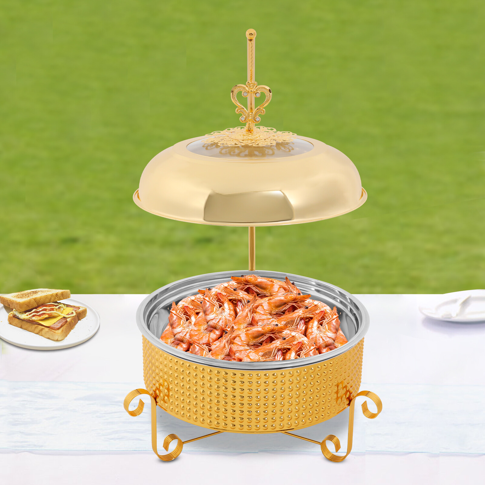 Round Gold Stainless Steel Chafing Dish Set 10.57QT Buffet Food Warmer