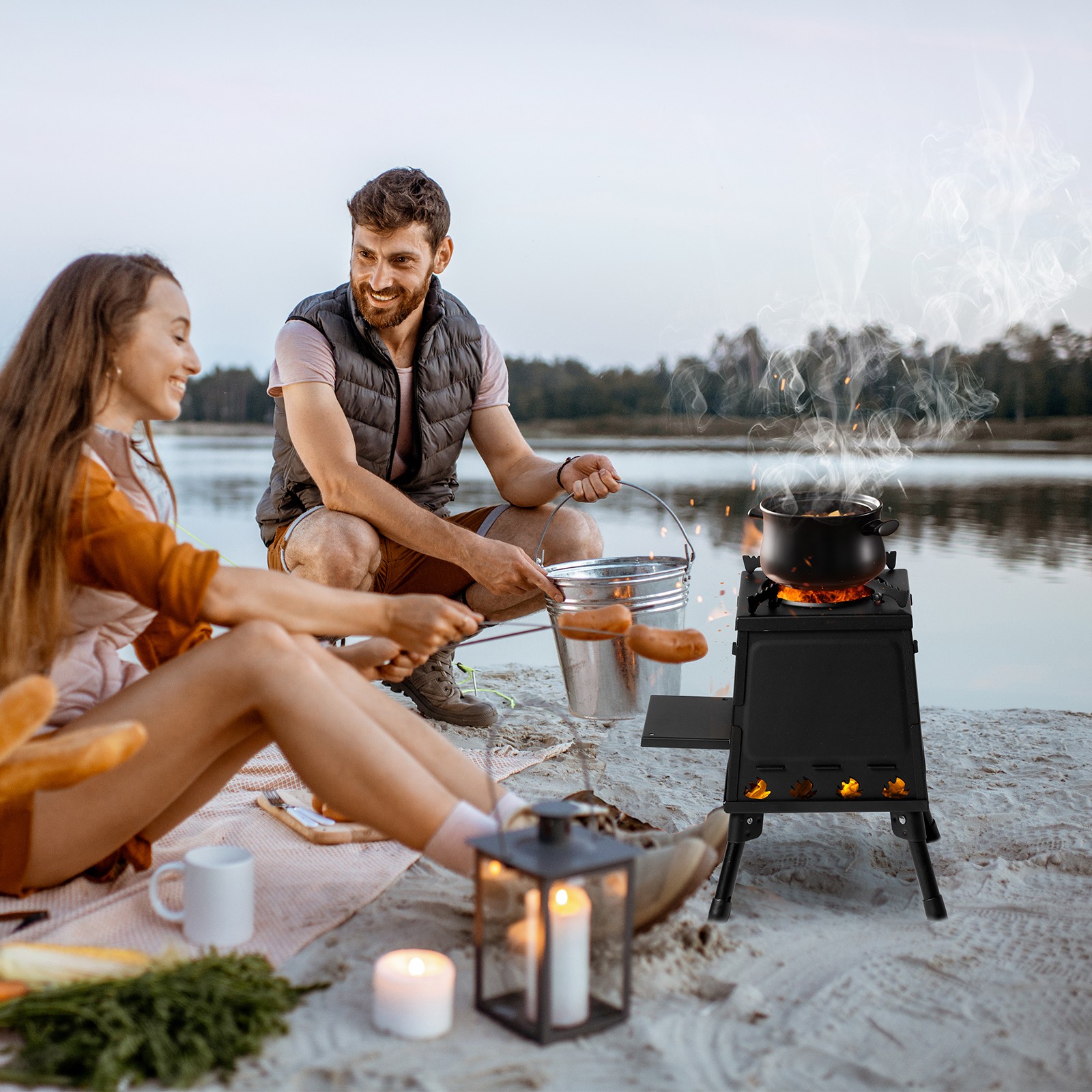 Outdoor Wood Burning Tent Stove, Portable Patio Heater, for Camping With Gloves