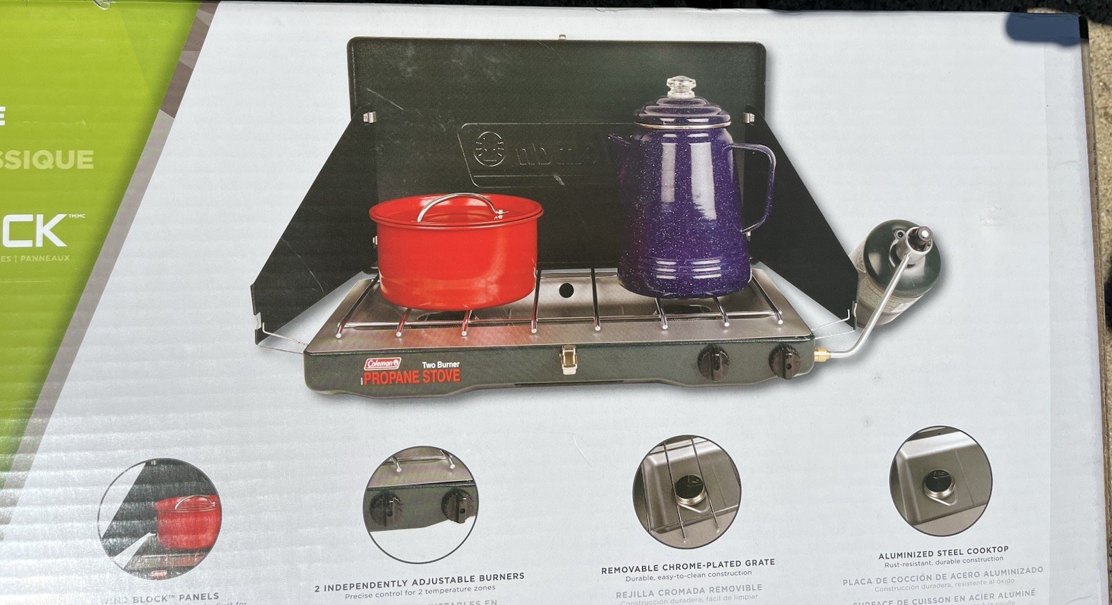 New in Box Coleman Classic 2 Burner 20000 BTU Propane Camp Stove Wind Block NIB