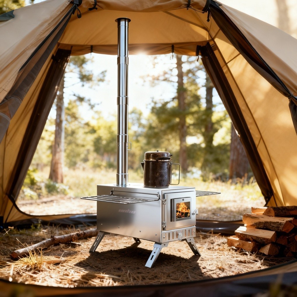 Portable Wood Burning Stove with 6 Stainless Chimney Pipes for Outdoor Hot Tent