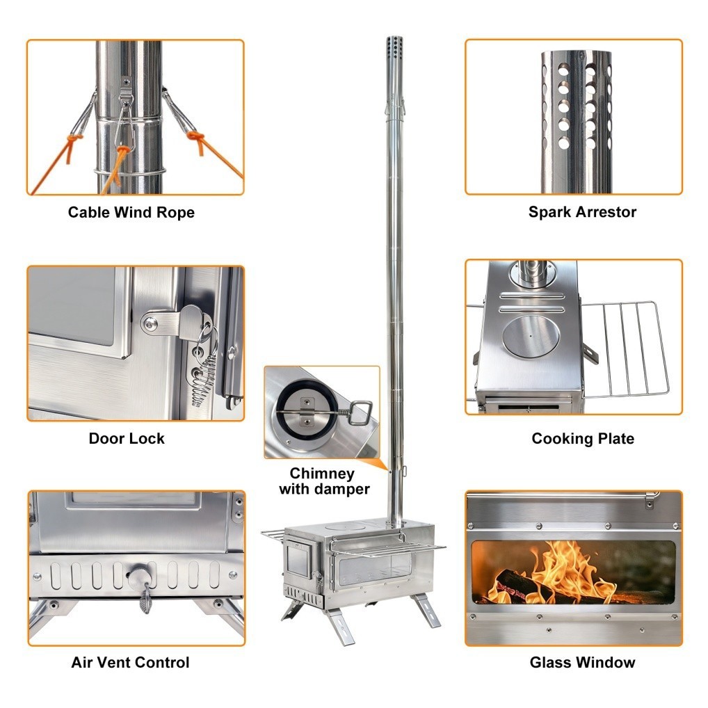 Portable Wood Burning Stove with 6 Stainless Chimney Pipes for Outdoor Hot Tent