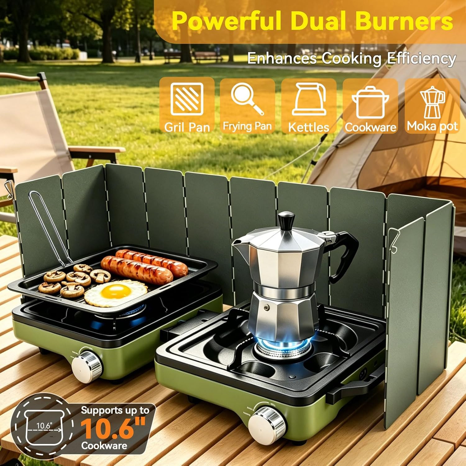 2 Burner Camping Stove with Windshield, 24000 BTU Propane Camp Stove, Portable F
