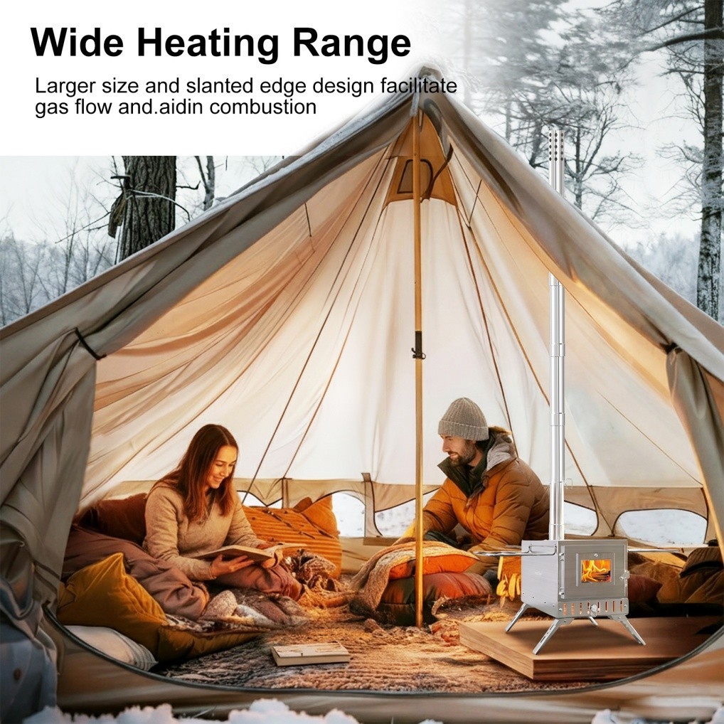 Portable Wood Burning Stove with 6 Stainless Chimney Pipes for Outdoor Hot Tent