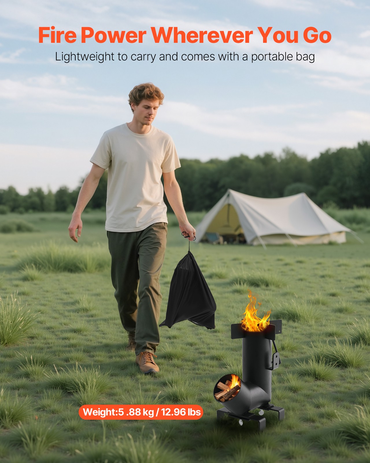 VEVOR Camping Rocket Stove Wood Burning Portable Rocket Stove Carbon Steel Black