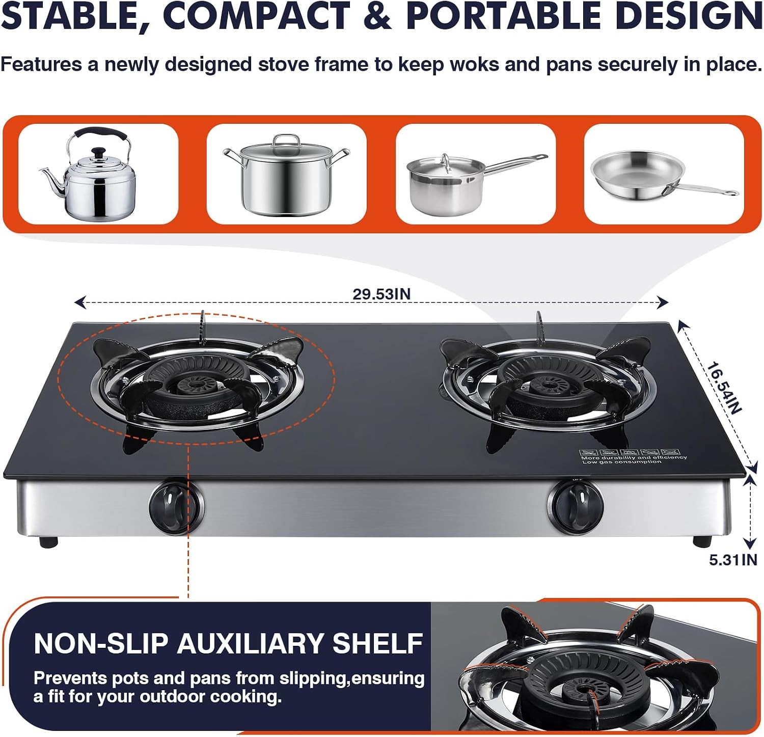 Llamaviva 2 Burner Propane Stove, High Output Gas Cooktop with Tempered Glass Su