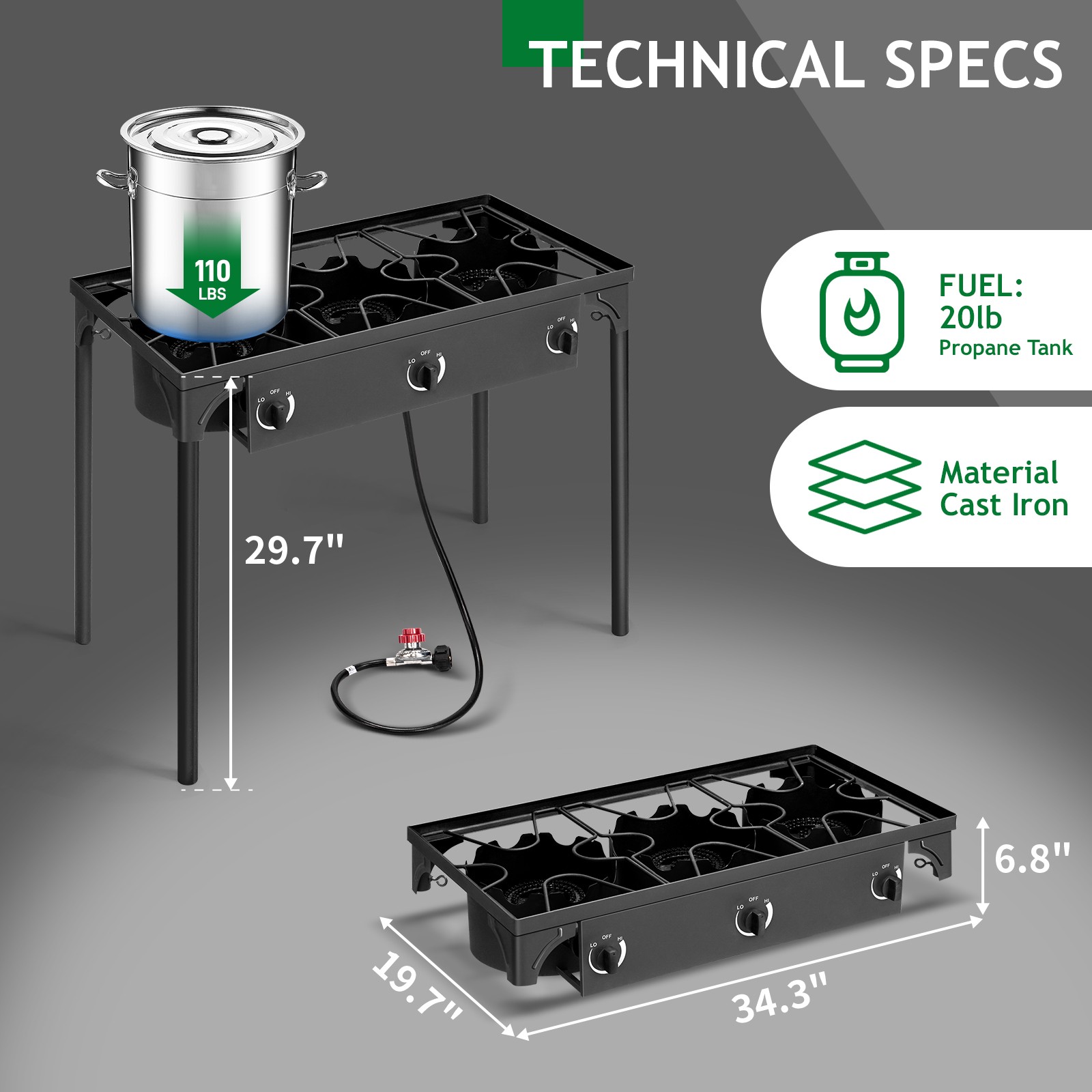 ZOKOP Portable Propane 225,000-BTU 3 Burner Gas Camping Picnic Stove BBQ Grill
