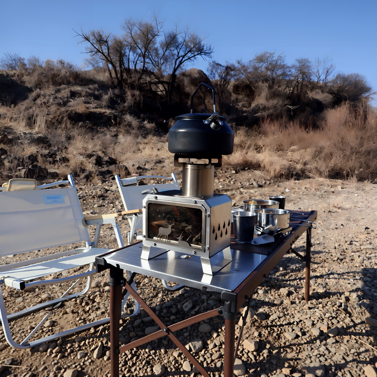 Portable Deer Pattern Wood Burning Stove Stainless Steel Camping Firewood Stove